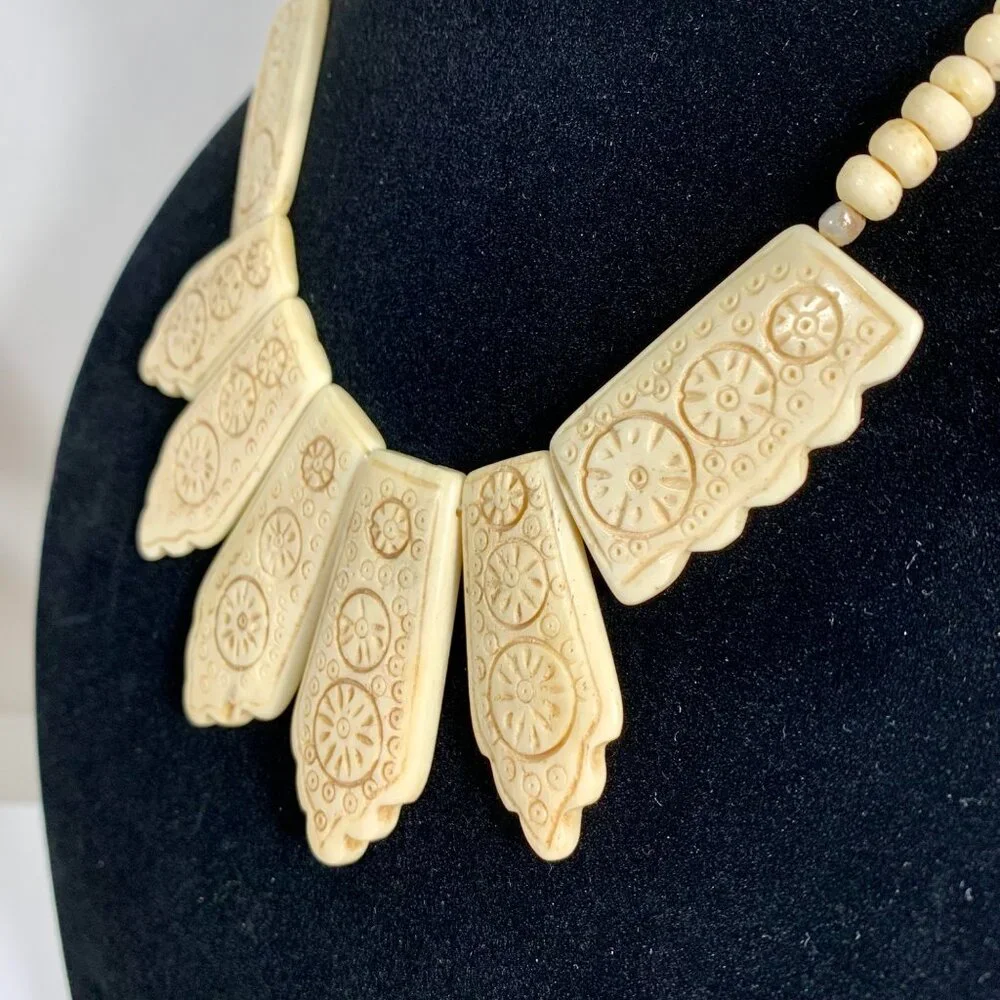 Yak Bone Nepalese Tibetan Necklace With Intricate Carved Panels & Metal Clasp